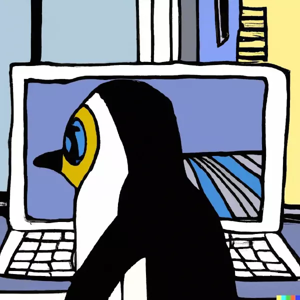 Dall·e 2023 11 25 12.42.20 Das Bild Zeigt Einen Pinguin, Der An Einem Computer Sitzt Und Durch Ein Fenster Schaut. Es Ist Wie Ein Pop Art Bild Von Roy Lichtenstein Gemalt