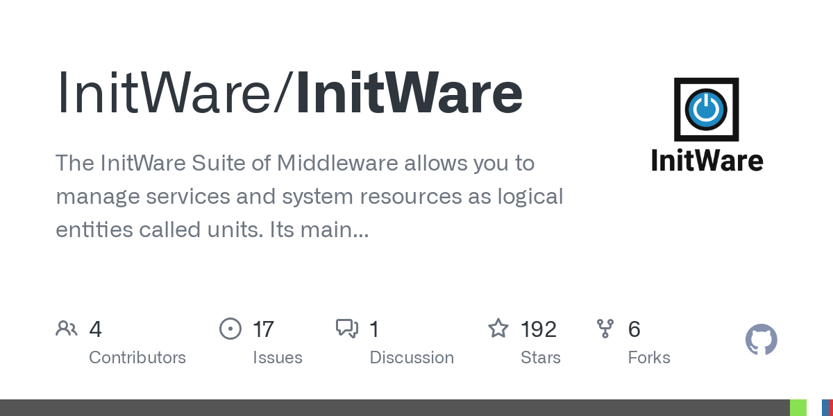 The InitWare Suite of Middleware allows you to manage services and system resources as logical entities called units. Its main component is a service management (&quot;init&quot;) system. - InitWar...