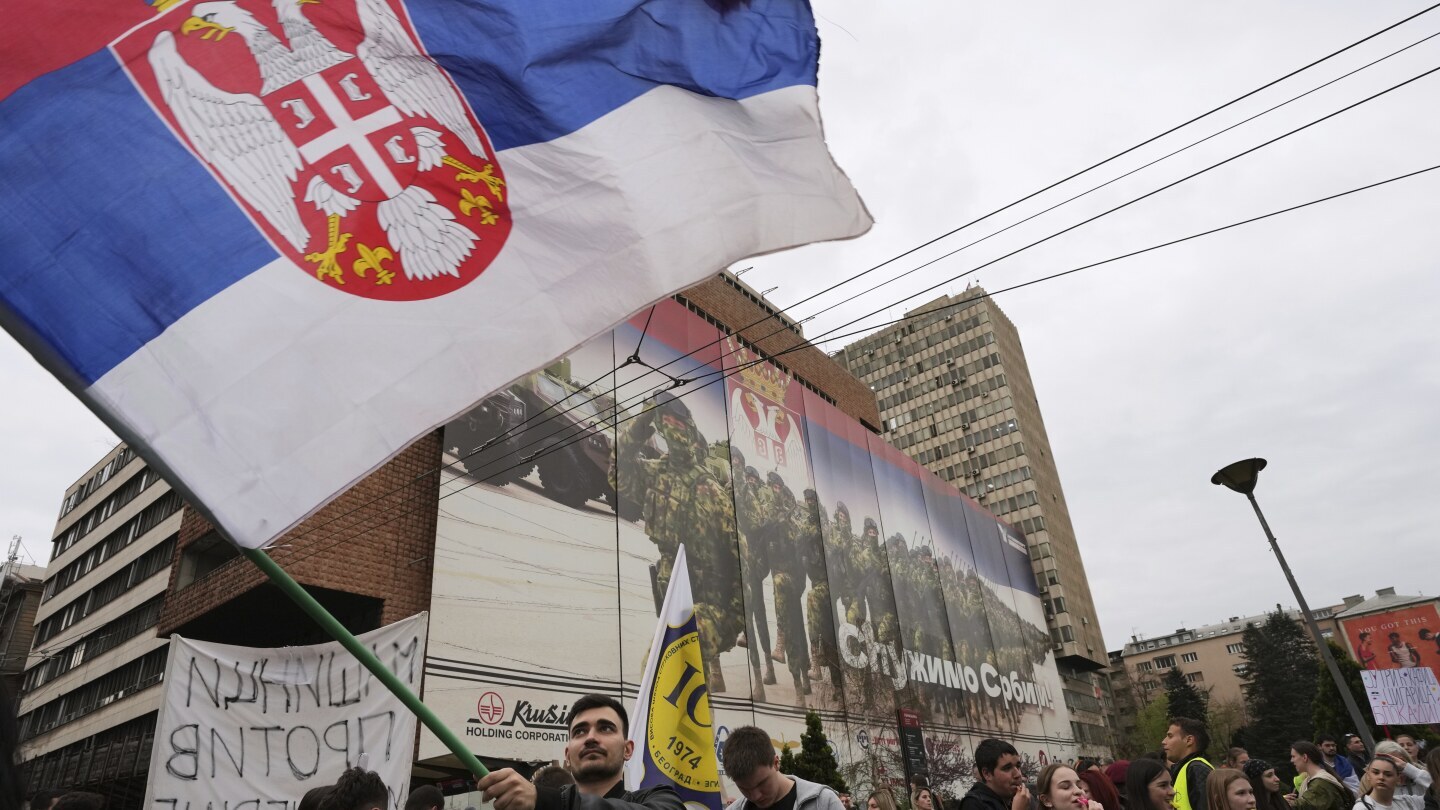 People take part protest rally in Belgrade, Serbia, Monday, March 24, 2025, against a real estate development project that will be financed by the firm of Donald Trump's son-in-law, Jared Kushner, at the site of the former Yugoslav army headquarters destroyed in a U.S.-led NATO bombing campaign in 1999. (AP Photo/Darko Vojinovic)