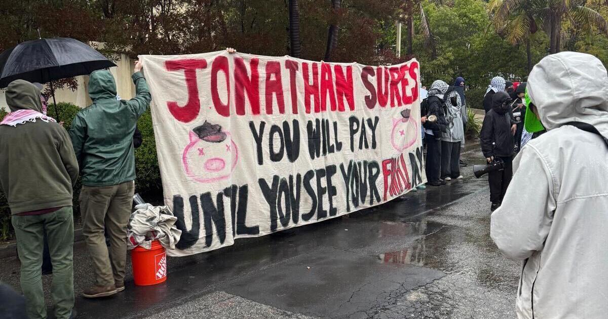 Students for Justice in Palestine protest outside of Jay Sures's home in Los Angeles on Feb. 5, 2025.