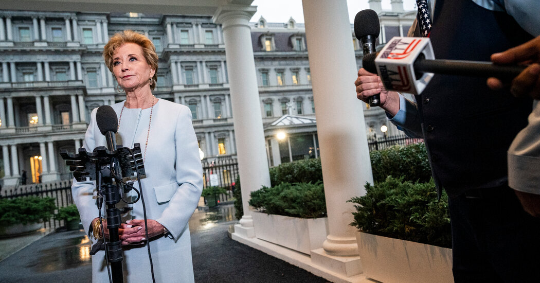 Education Secretary Linda McMahon at the White House last month. Her department has said that an “assessment of school policies and programs depends on the facts and circumstances of each case.”