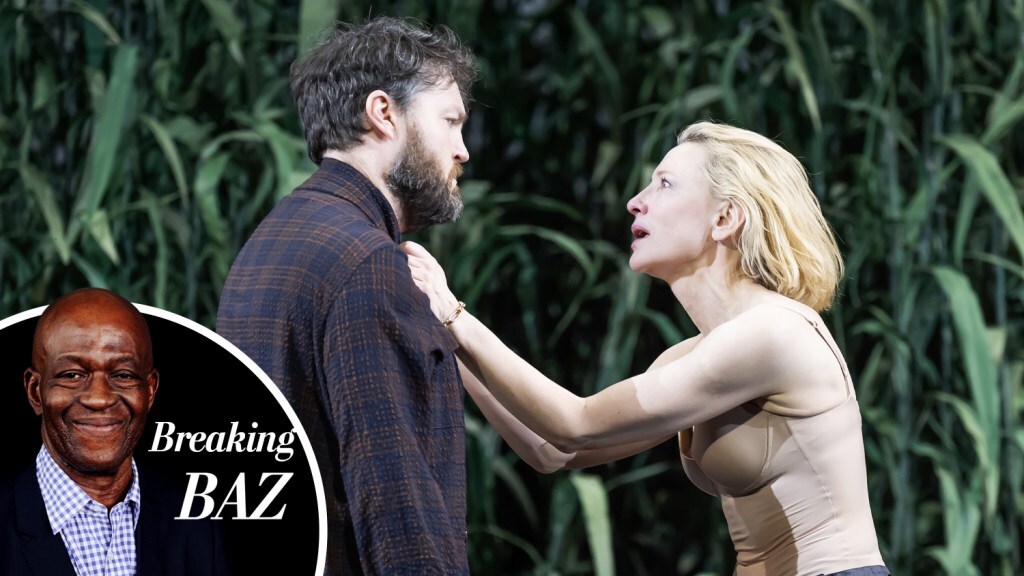 Tom Burke and Cate Blanchett in The Seagull play at London's Barbican Theatre