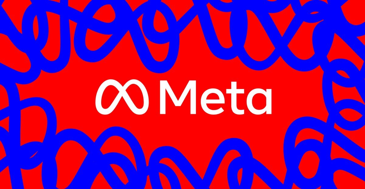 Image of the Meta logo and wordmark on a red background bordered by blue scribbles made out of the Meta logo.