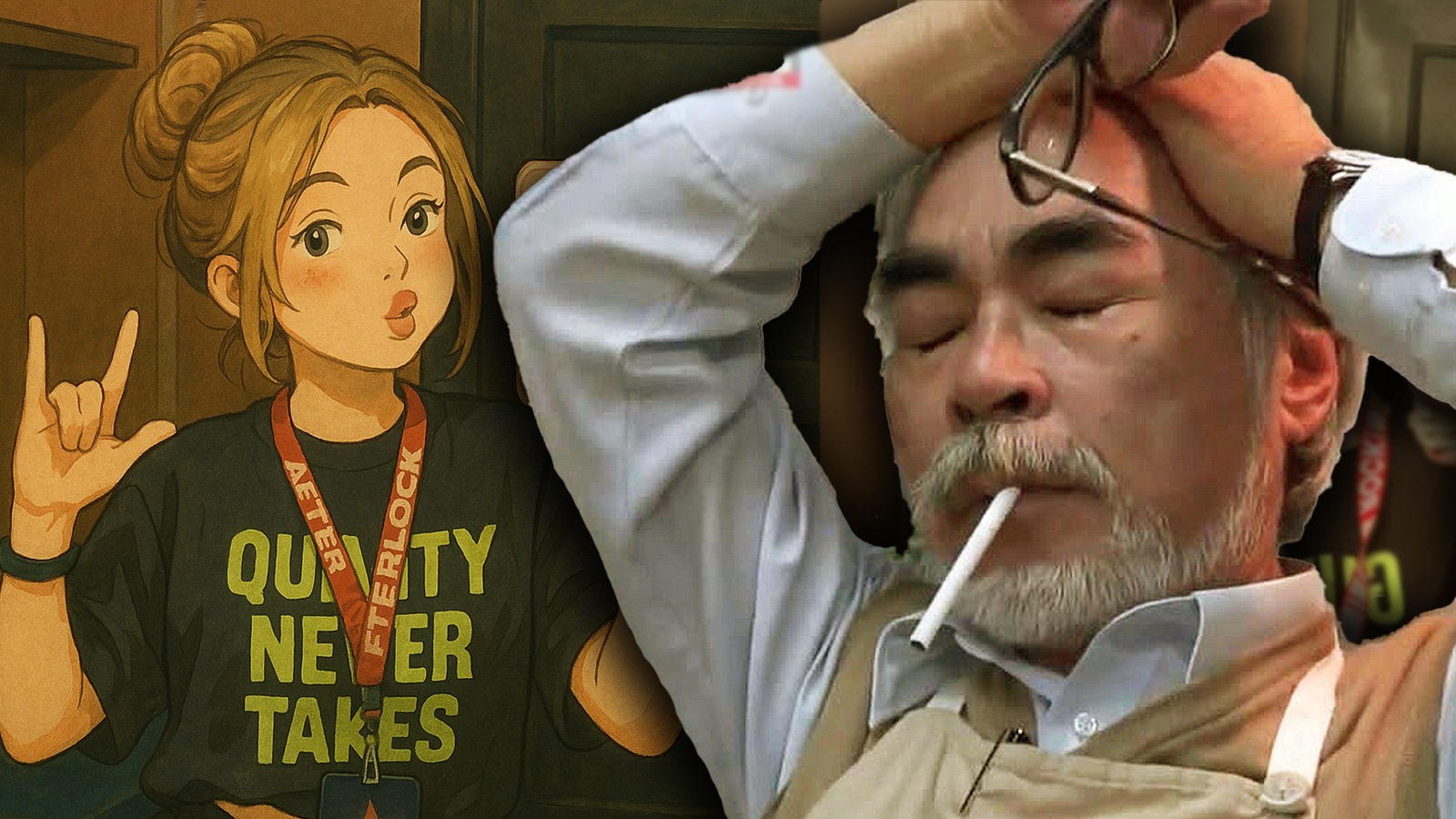 A photo of an AI-Generated image in the style of Studio Ghibli alongside a photo of Miyazaki looking stressed. A photo of an AI-Generated image in the style of Studio Ghibli alongside a photo of Miyazaki looking stressed.