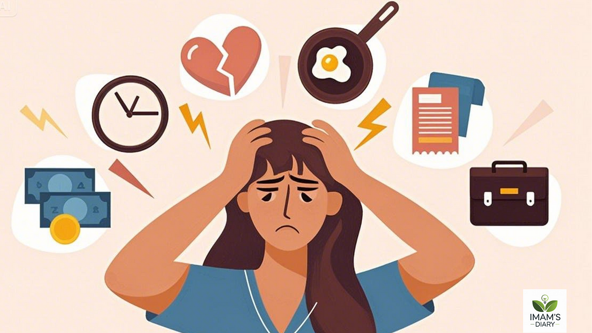 An illustration of a stressed individual with long hair, wearing a blue shirt, holding their head in frustration. Surrounding the person are various symbols representing sources of stress: a clock indicating time pressure, a broken heart symbolizing emotional distress, a frying pan with an egg suggesting household responsibilities, stacks of money and coins representing financial concerns, a briefcase implying work-related stress, and lightning bolts emphasizing anxiety or overwhelming emotions.