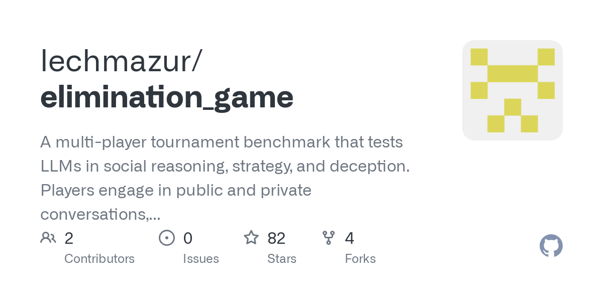 A multi-player tournament benchmark that tests LLMs in social reasoning, strategy, and deception. Players engage in public and private conversations, form alliances, and vote to eliminate each othe...