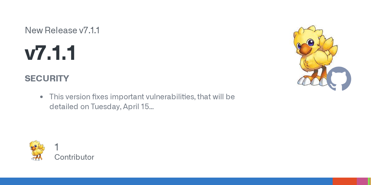 SECURITY

This version fixes important vulnerabilities, that will be detailed on Tuesday, April 15

Bug fixes

Fix playlist page margins
Fix danger button border
Fix unsubscribe button label for ch...