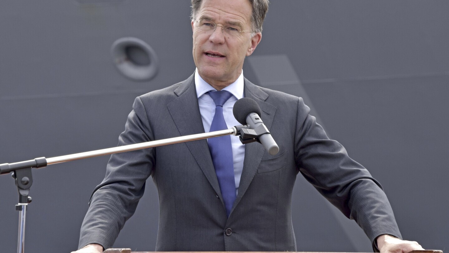 NATO Secretary-General Mark Rutte speaks at a news conference during his visit to Japan's Maritime Self-Defense Force base in Yokosuka, south of Tokyo Tuesday April 8, 2025. (Kyodo News via AP)