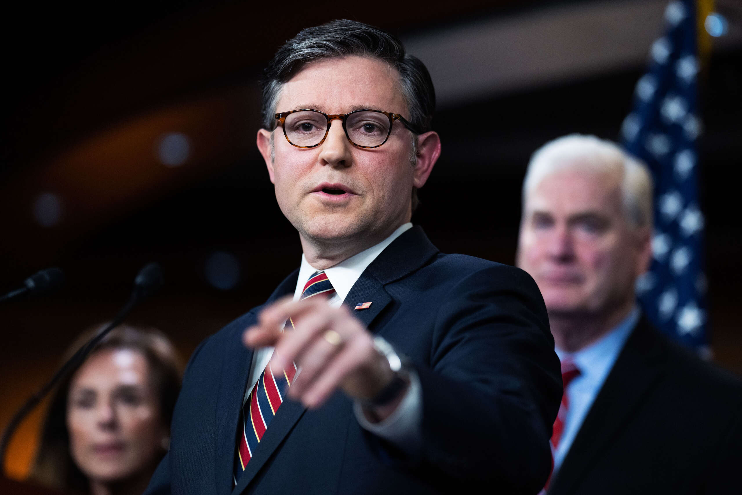 Speaker of the House Mike Johnson conducts a news conference after a meeting of the House Republican Conference in the U.S. Capitol on April 8, 2025.