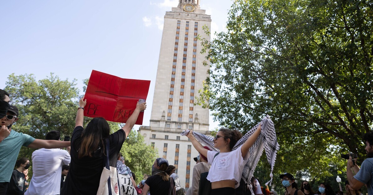 Pro-Palestine protestors holding a sign up at the University of Texas at Austin on April 29, 2024.