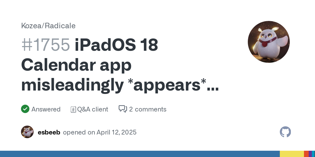 Hello, I have Radicale 3.4.1 installed on a Debian VPS. It works great, accessing it from thunderbird, or the "Fossify Calendar" (from F-Droid) in Android. I can read and write events from both cli...