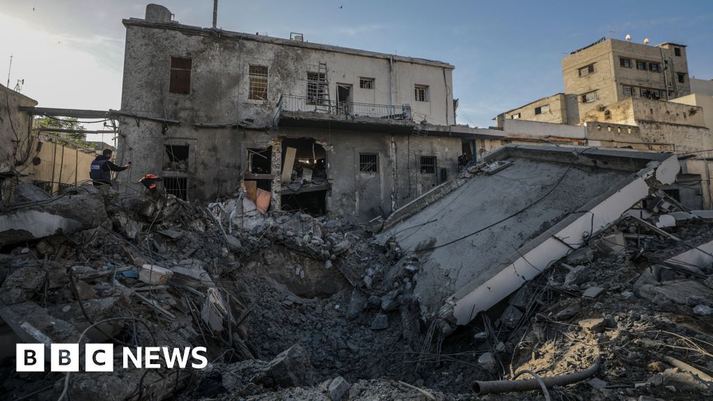A building destroyed by an Israeli air strike at al-Ahli hospital, Gaza City, northern Gaza (13 April 2025)
