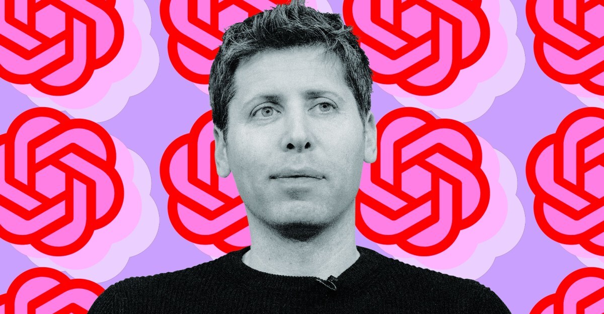 Photo collage of Sam Altman in front of the OpenAI logo.