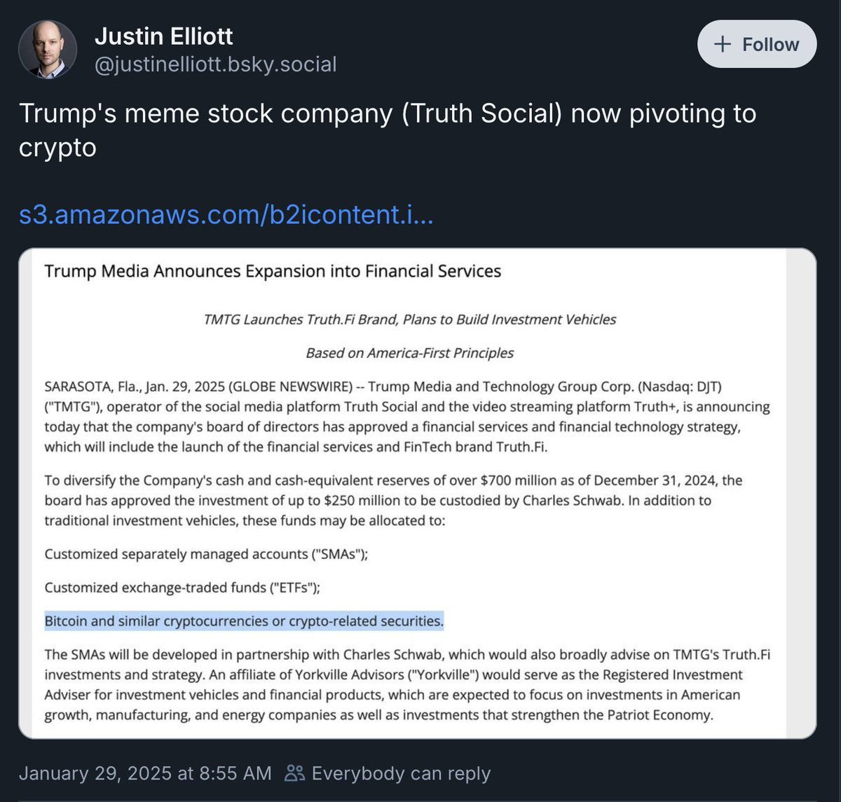 BlueSky tweet about Trump's meme stock company pivoting to crypto
