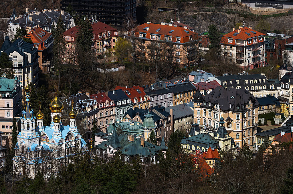 An aerial view of the West Bohemian spa town of Karlovy Vary and its Russian Orthodox Church. |Photo by Marcos del Mazo/LightRocket via Getty Images