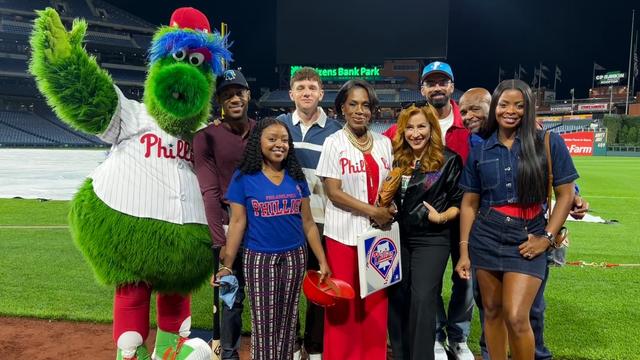 Quinta Brunson and fellow Abbot Elementary teachers at Citizens Bank Park on August 28, 2025 for a live event shoot for ABC series.