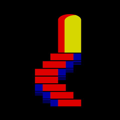 Basic pixelated image of a staircase in darkness leading to a doorway with yellow light beyond.