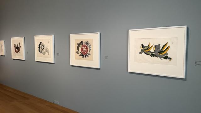 Des dessins encadrés et exposés sur un mur.