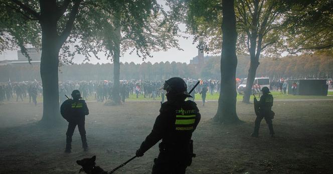 De politie botst met demonstranten tijdens het anti-immigratieprotest, zaterdag in Den Haag, georganiseerd door Els Noort. Foto Hedayatullah Amid / NRC  