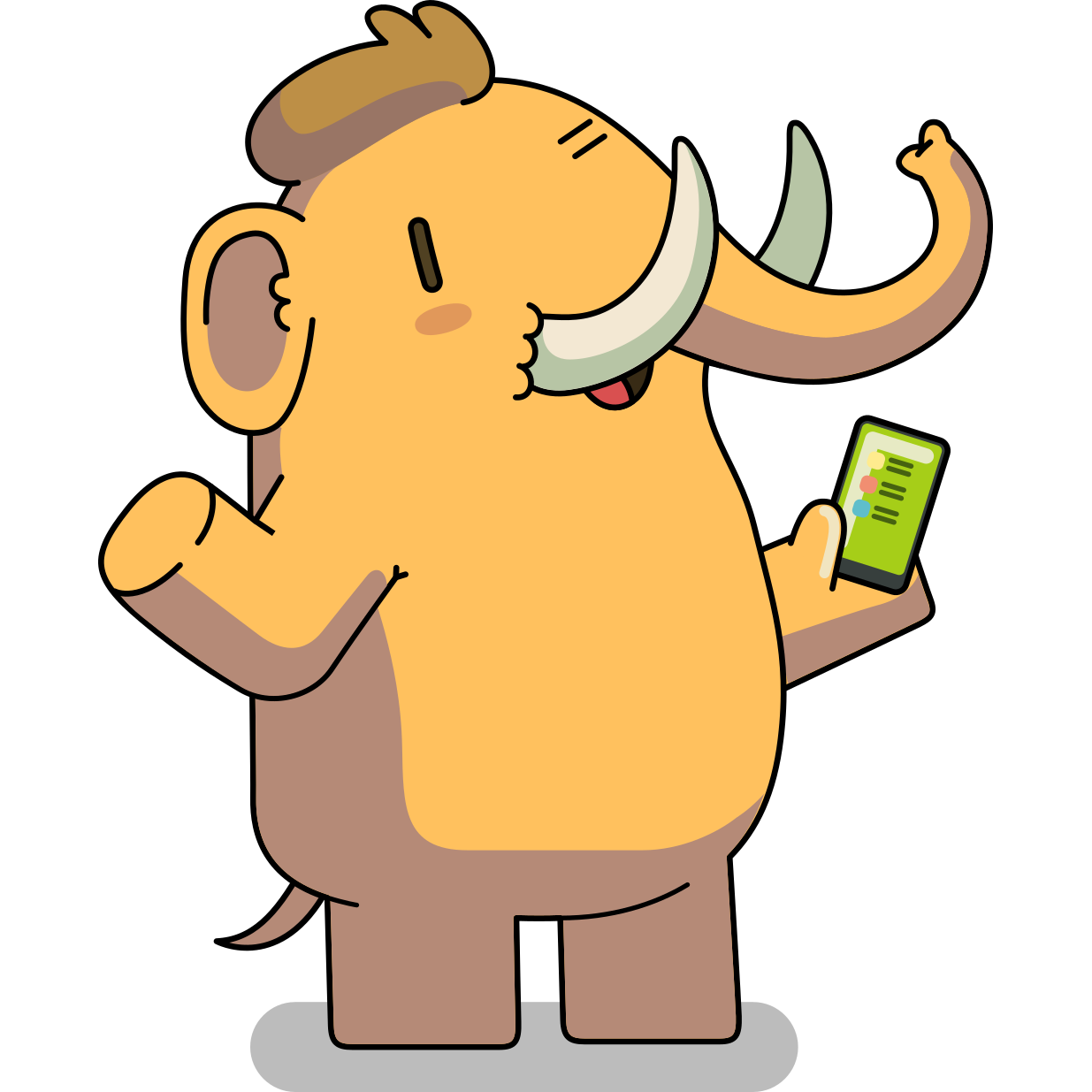 A cute mastodon holding up a smartphone.