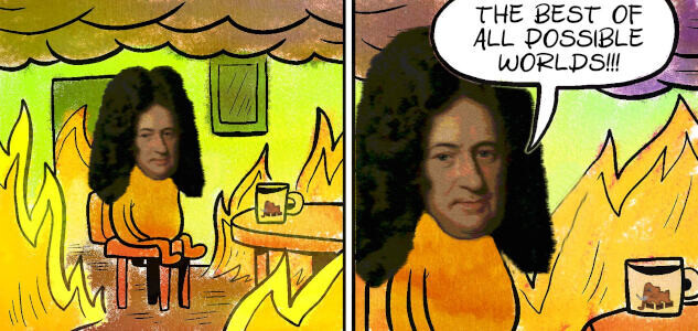 all is fine meme dhows a cartoon dog sitting at a table with a mug in a room on fire
a second frame shows a close up, the dog says "this is fine"

the dogs face has been replaced with leibnitzes head in both instances
the text says: the best of all possible worlds!!!
