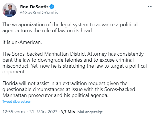 Im Fall #Trump und der Anklage - Der Gouverneur von #Florida, Ron #DeSantis wird bei einem Auslieferungsersuchen nicht mit #Manhatten kooperieren. DeSantis verstößt somit gegen die US-Verfassung Artikel IV, Abschnitt 2 #TrumpIndictment