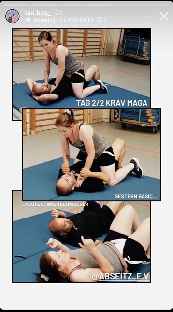 Instastatus mit Fotos wie ich und mein KravMaga Trainer eine Übung mit Befreiung am Boden zeigen 
