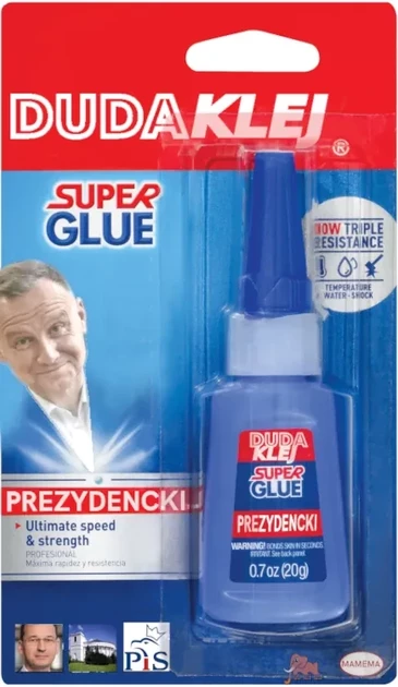 super glue pack relabeled "duda klej" (duda glue) "prezydencki"

small pictures of application cases: morawiecki, polnish parliament, pis logo