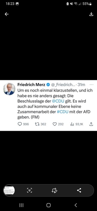 Tweat von FritzenMerz, niemehrcdu, vom 24.07.2023: "Um es noch einmal klarzustellen, und ich habe es nie anders gesagt: Die Beschlusslage der CDU gilt. Es wird auch auf kommunaler Ebene keine Zusammenarbeit der CDU mit der AfD geben."