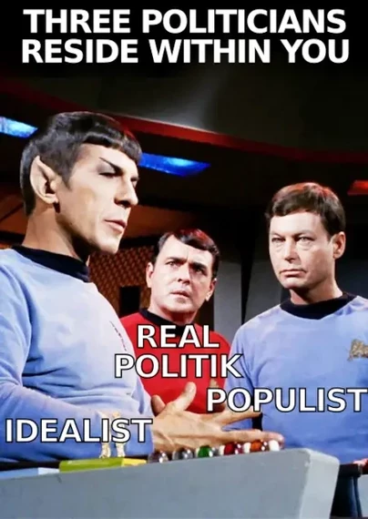 screenshot of enterprise tos shows spock, scotty and mccoy

title: three politicians reside within you
spock labeled 