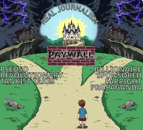 dramatic crossroad meme shows a person having to choose between three paths

left path takes to horror mansion labeled 