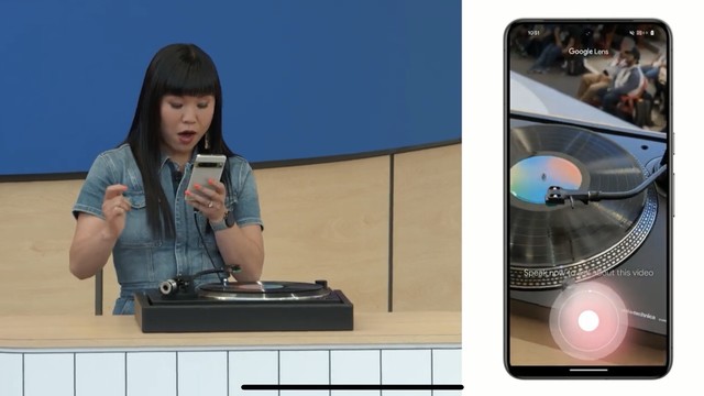 Person presenting and holding a smartphone beside a close-up of a Google Lens function on another smartphone.