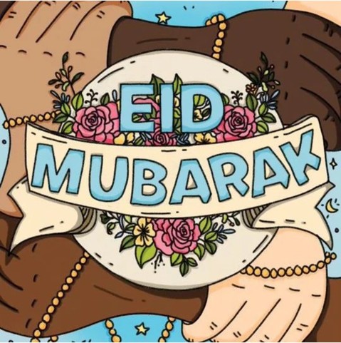 Text: Eid Mubarak

Um den Schriftzug Blumen. Drumherum Hände die einander am Handgelenk fassen. Die Hände gehören zu 1 weißen, 1 Schwarzen Person und 2 PoC. 