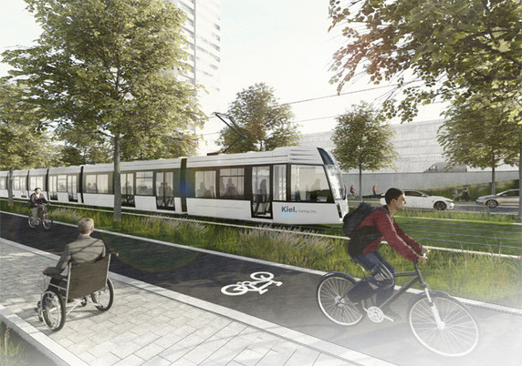 Studie - Straßenbahn, Radverkehr und Fläche für Fußgänger und, hier im Bild, Rollstuhlfahrer 