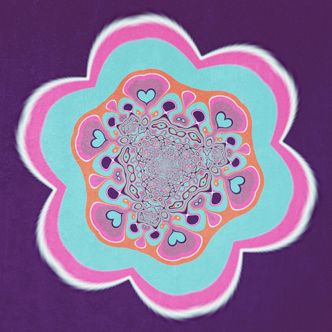 Eine fraktale Spielerei auf lila, in rosa, blau und weiß. Sieht aus eine Blume.