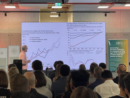 A speaker presenting data on AI investment and software growth to an audience, with graphs and charts displayed on a screen. There is a banner promoting an organization in the background.