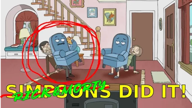 pick and morty scene (some parallel universe tv episode) of coutsches sitting on people 

couch 