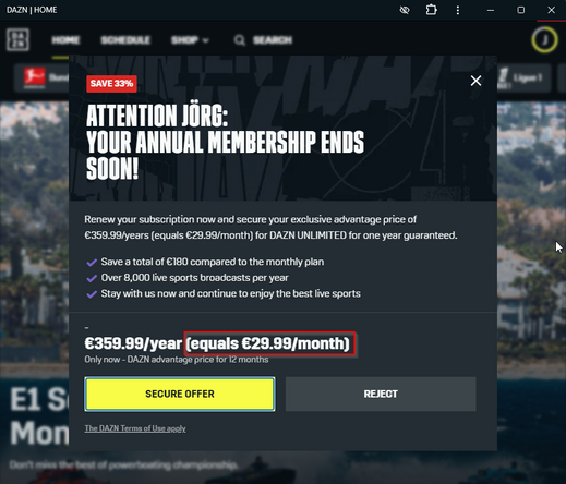 Browser popup of DAZN offering 1 year subscription at 30€ per month.