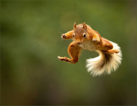 Rotes Eichhörnchen macht einen Riesensprung