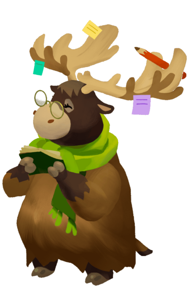 image of Kinder World character Fern, who is a moose with a green scarf, post-it notes and pencil stuck to their antlers, wearing glasses while reading a book. 