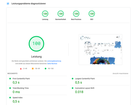 Screenshot of a Lighthouse score of 100 on performance, 100 on accessibility, 100 on best practices and 100 on Search Engine Optimization (SEO) with a disguised screenshot of the website tested.