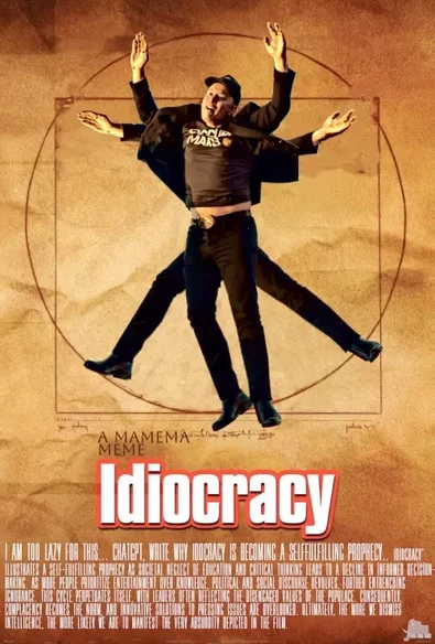 idiocracy movie poster (vitruvian version)
vitruvian study is elon musk

i used to replace movie credits with a comment and fill the rest up with lorem ipsum; but now did the following;
I AM TOO LAZY FOR THIS... CHATGPT, WRITE WHY IDOCRACY IS BECOMING A SELFFULFILLING PROPHECY.. Idiocracy