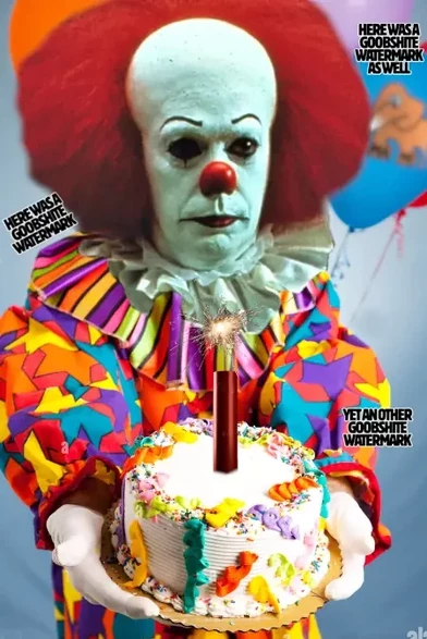 old version pennywise has been shopped onto the body of a generic photostock clown holding a cake with a dynamite bar as candle.

it is the most generic clown you could imagine, yet was covered in watermarks top to bottom.

small texts dispersed: here was a goobshite watermark, here as well, yet another one

i get that you want to earn on your 