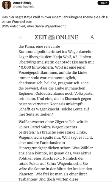 Bild zeigt einen X-Post von Anne Hähnig mit folgendem Text:  Das hier sagte Katja Wolf mir vor einem Jahr übrigens (bevor sie sich zu einem Wechsel zum BSW entschied) über Sahra Wagenknecht: