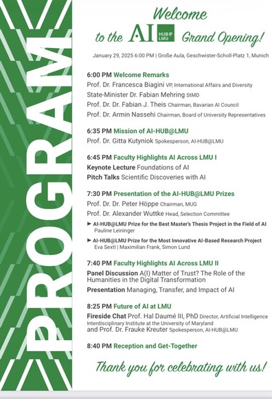 A program schedule for the grand opening of AI-HUB@LMU, taking place on January 29, 2025, in Munich. The agenda includes welcome remarks, mission statements, keynote lectures, awards presentations, and discussions related to artificial intelligence