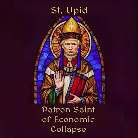 Das Bild zeigt ein Kirchenglasbild, die einem Heiligen nachempfunden ist, der als "St. Upid" bezeichnet wird. Der Heilige ist in einem traditionellen Bischofsgewand dargestellt, das in Gold, Rot und Grün gehalten ist. Er trägt einen goldenen Bischofskäppchen mit einem Kreuz und eine rote Umhangsrobe. In seiner linken Hand hält er ein Buch, während er mit der rechten Hand eine Geste der Segnung macht. Der Hintergrund ist ein farbenfrohes Glasfenster mit einem blauen und goldenen Muster, das typisch für Kirchenfenster ist. Oben im Bild steht in goldenen Buchstaben "St. Upid", und unten steht "Patron Saint of Economic Collapse". Die Farben und die Gestaltung erinnern an traditionelle religiöse Kunst.

Bereitgestellt von @altbot, privat und lokal generiert mit Ovis2-8B
