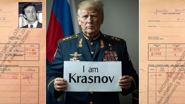 Meme: Trump with a soviet uniform with a sign "I am Krasnov".
The meme illustrates suspicions that Donald Trump was recruited as a Russian agent in the 1980s. 