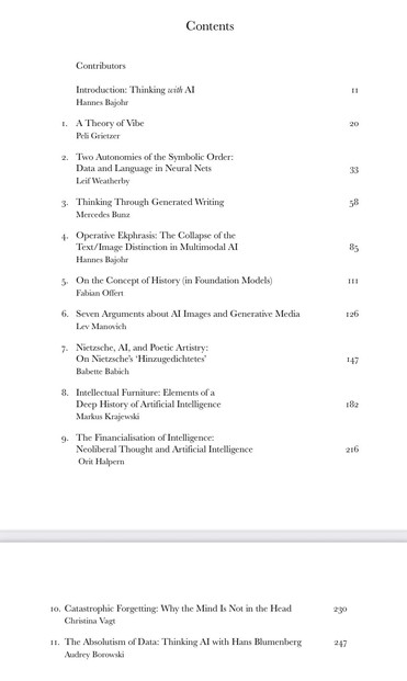 The image shows a table of contents for a book or publication, listing various contributors and topics related to artificial intelligence, including essays on AI's impact on language, art, and history. Each entry includes the title and page number.