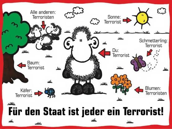 Bild im Stile der kindischen »Ohne-dich-ist-alles-doof«-Produkte: »Käfer: Terrorist. Baum: Terrorist. Sonne: Terrorist. Schmetterling: Terrorist. Blumen: Terroristen. Alle anderen: Terroristen. Für den Staat ist jeder ein Terrorist!«.
