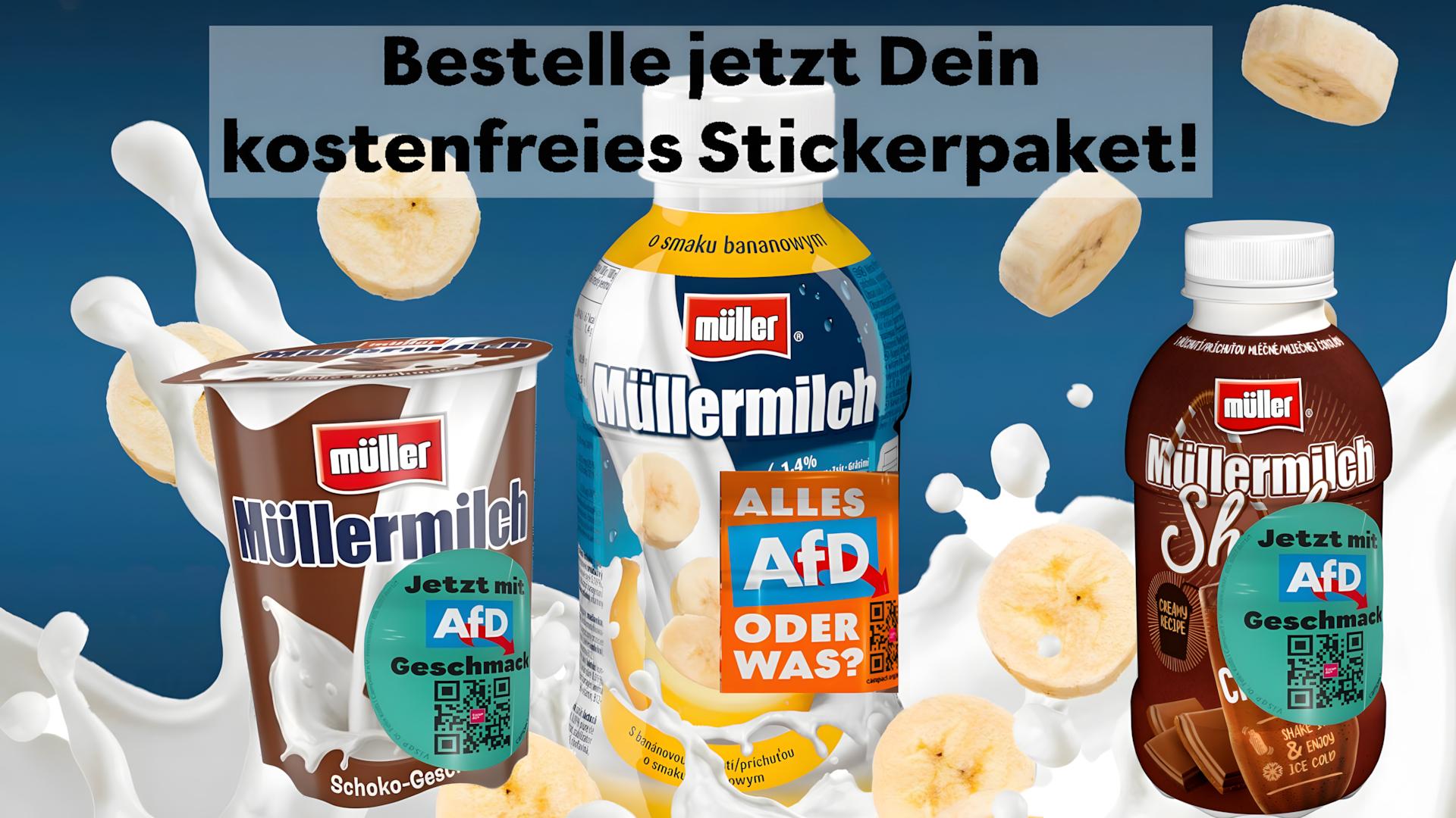 Auf der Bild-Collage sieht man Müllermilch-Produkte, welche von Kunden / Protestierenden mit -NoAfD Stickern beklebt wurden.
Überschrift:
Bestelle jetzt Dein kostenfreies Stickerpaket!
Bei Campact Auf der Bild-Collage sieht man Müllermilch-Produkte, welche von Kunden / Protestierenden mit -NoAfD Stickern beklebt wurden.
Überschrift:
Bestelle jetzt Dein kostenfreies Stickerpaket!
Bei Campact